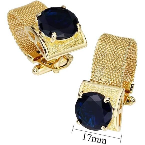 Mens Cufflinks with Chain - Stone and Shiny Gold Tone Shirt Accessories - Picture 6 of 7